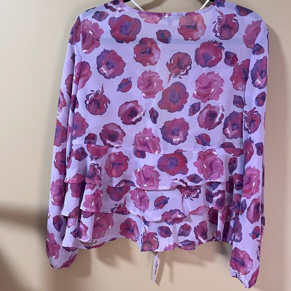 MAUVE PURPLES Summer Ruffled Semi Sheer layered front wrap blouse Sz M EUC - Picture 8 of 8